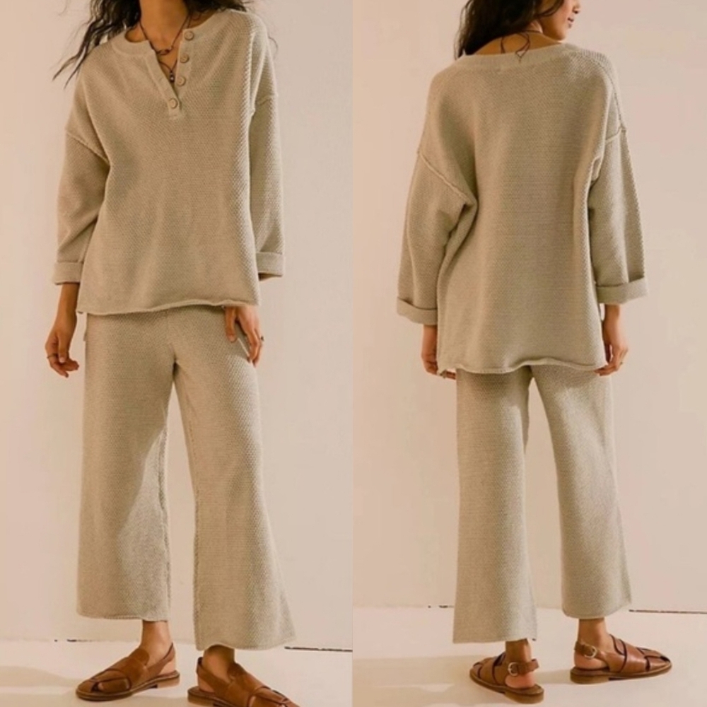 Free People Cream Beige Waffle Henley Pullover